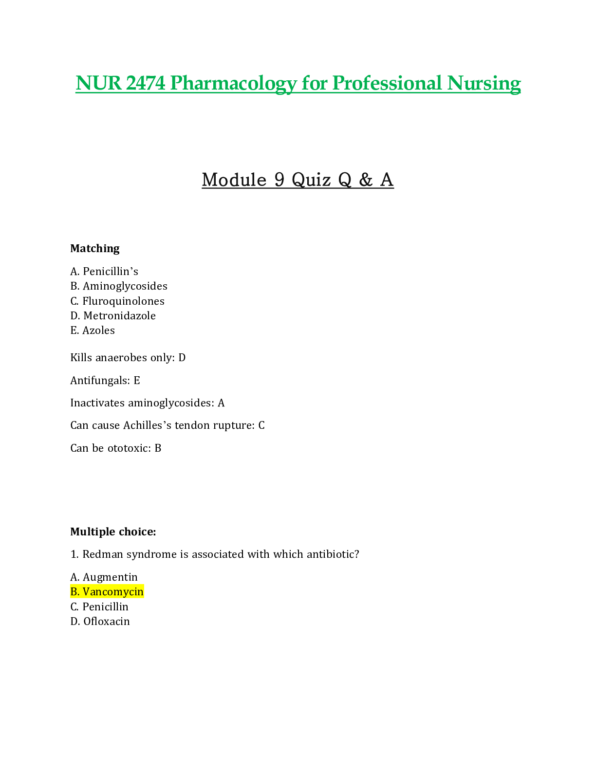 Preview of NUR2474 / NUR 2474 Module 9 Quiz Q & A Updated: Pharmacology for Professional Nursing - Ra